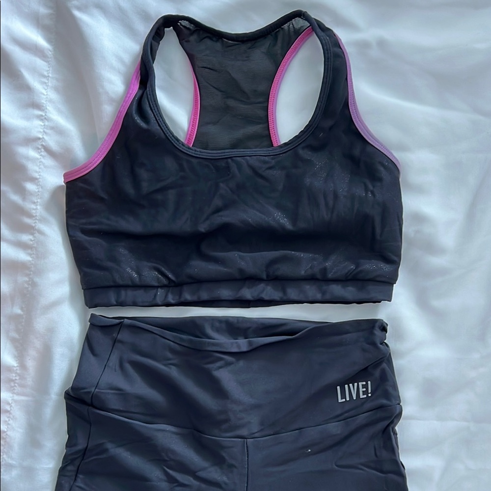 Women's LIVE! Shimmery Black and Pink Sports Bra and Leggings Set